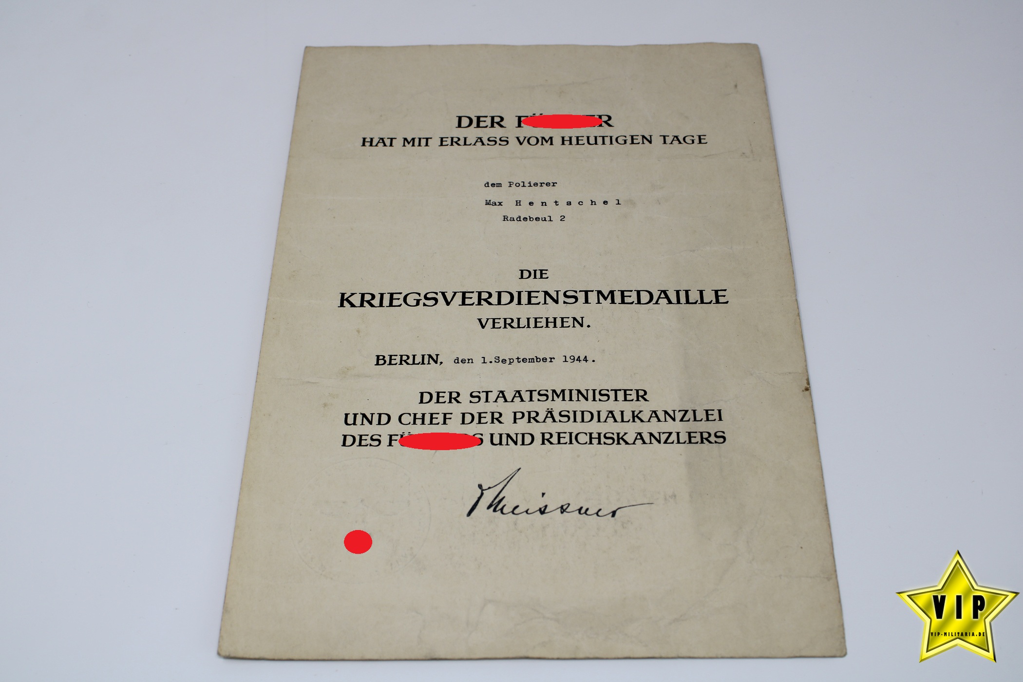 Kriegsverdienstmedaille 1939 mit Verleihungsurkunde