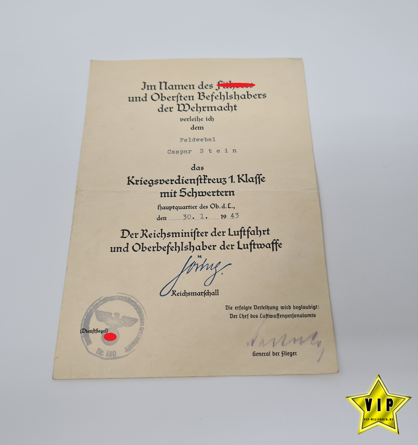 Kriegsverdienstkreuz 1. Klasse mit Urkunde