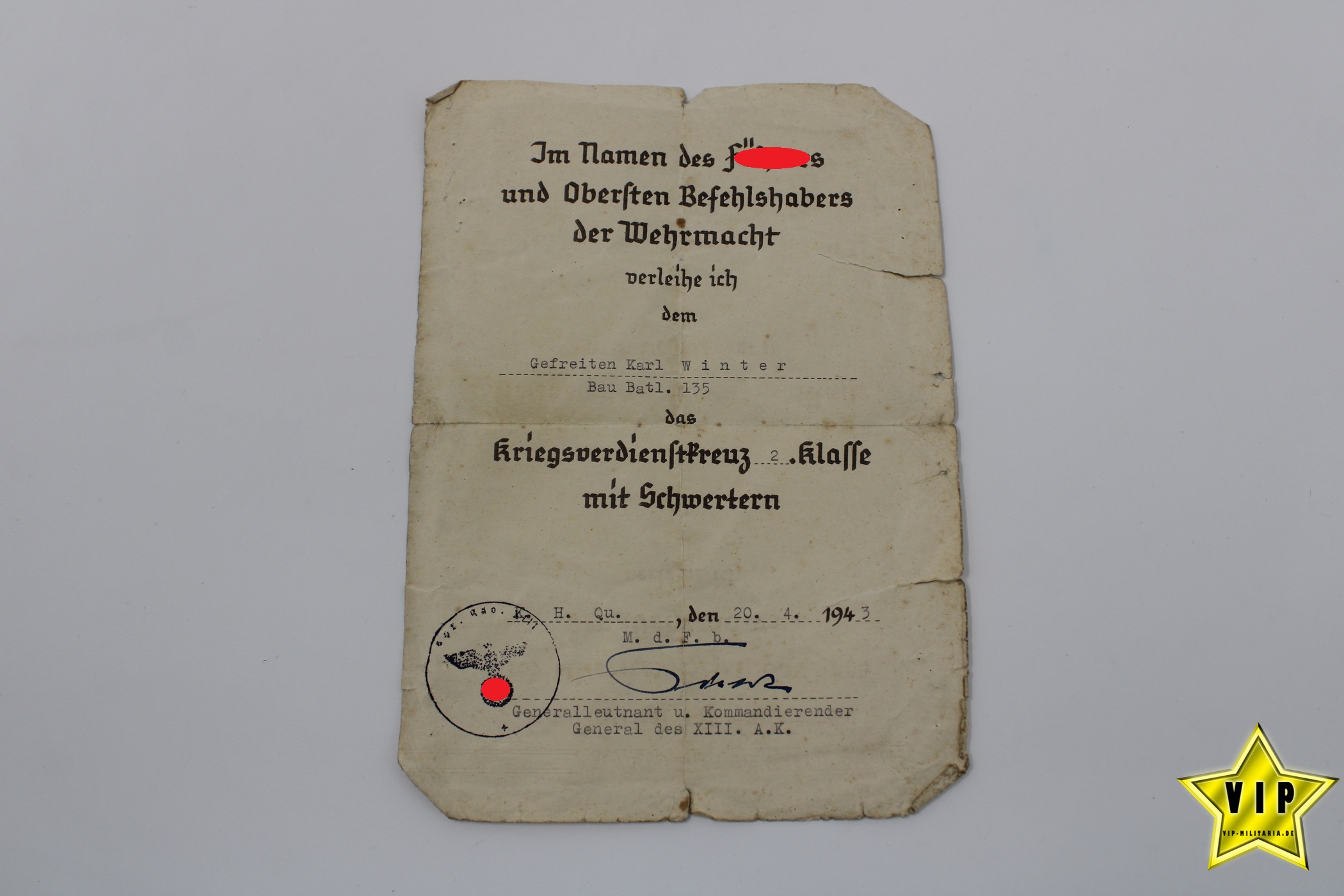 Kriegsverdienstkreuz 2. Klasse 1939 mit Schwertern in Tüte + Urkunde