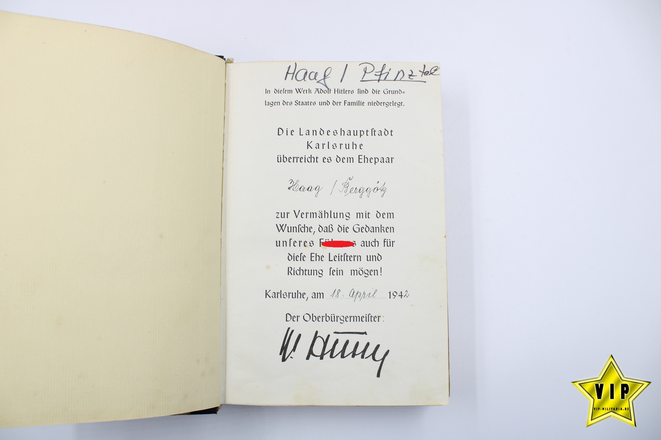 Mein Kampf 1941 Hochzeitsausgabe mit Stadtwappen aus Karlsruhe/Fidelitas mit Widmung