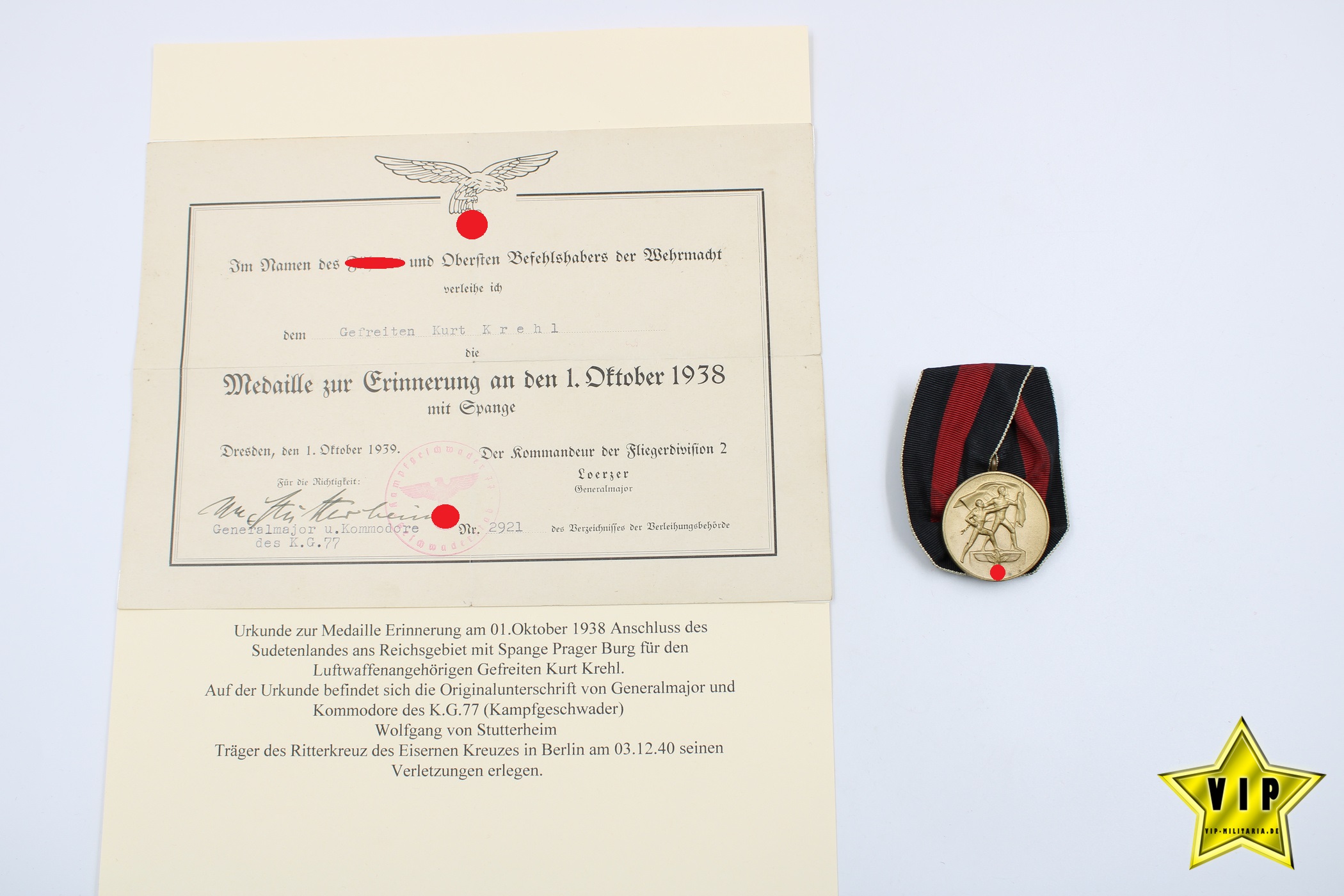 Medaille 1. Oktober Sudetenland Anschlussmedaille Einzelspange + Urkunde