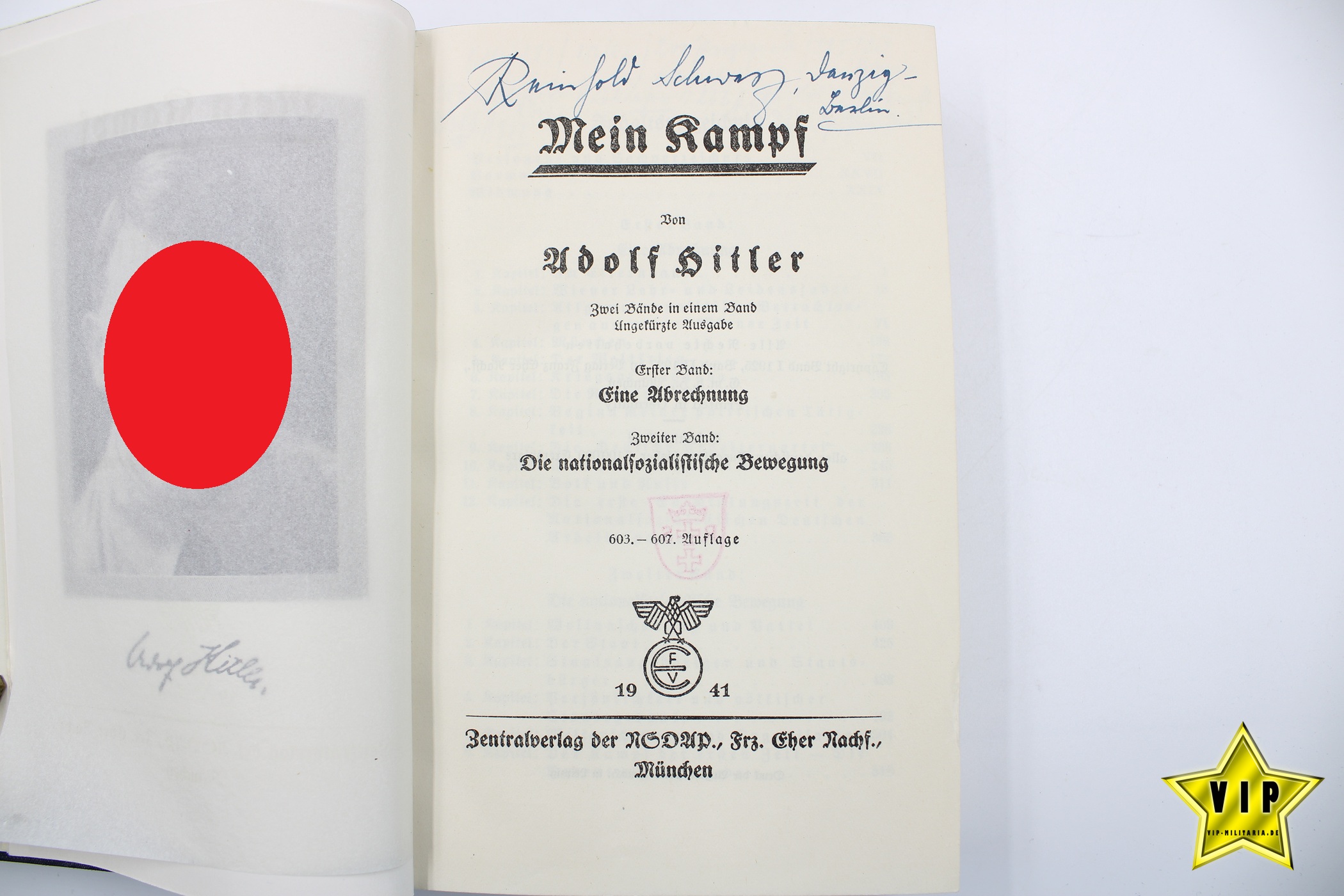 Mein Kampf Volksausgabe 1941 mit Schutzumschlag und Widmung 