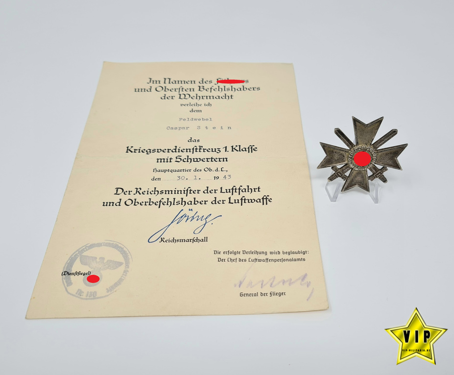 Kriegsverdienstkreuz 1. Klasse mit Urkunde