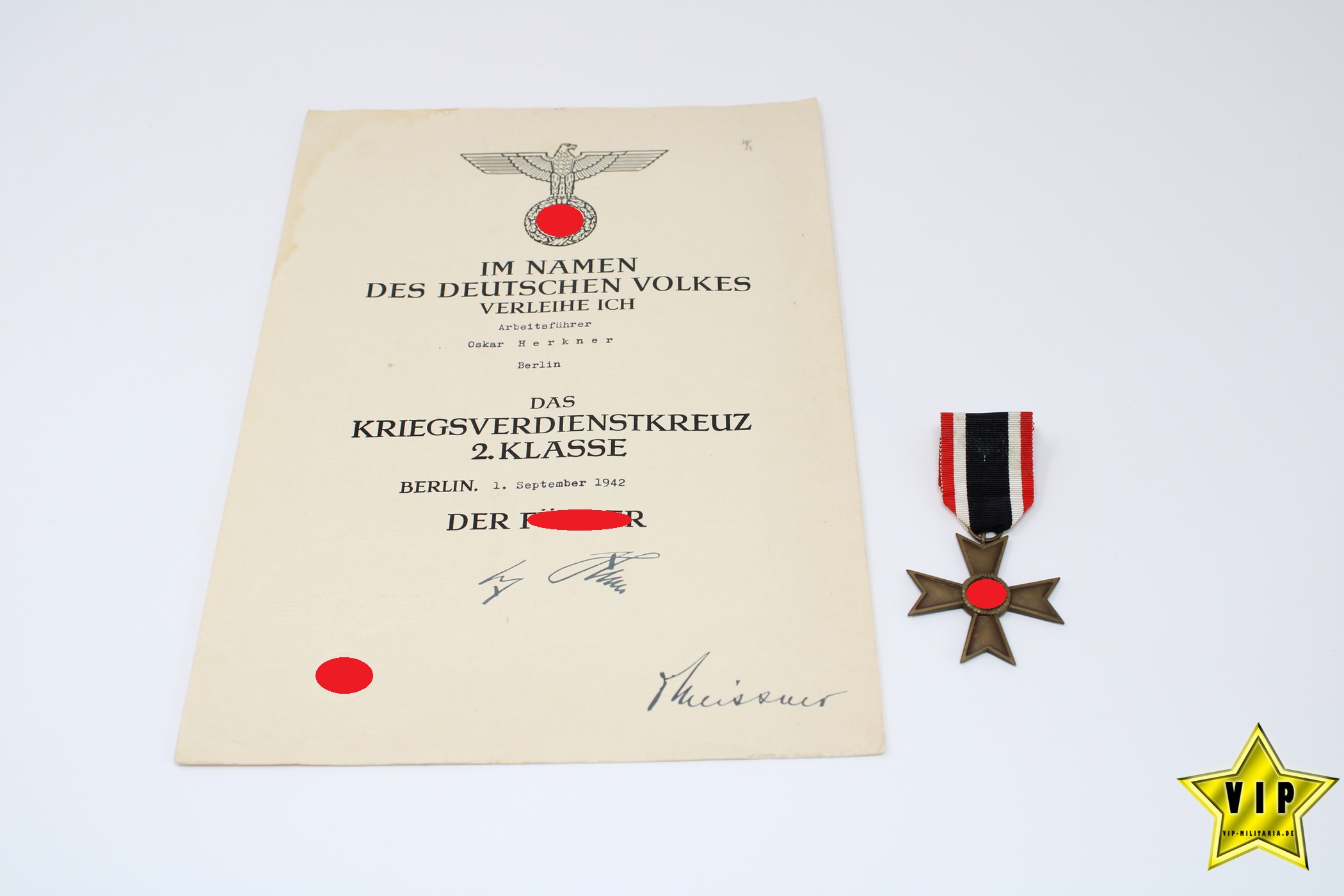 Kriegsverdienstkreuz 1939 ohne Schwerter 2. Klasse mit Verleihungsurkunde