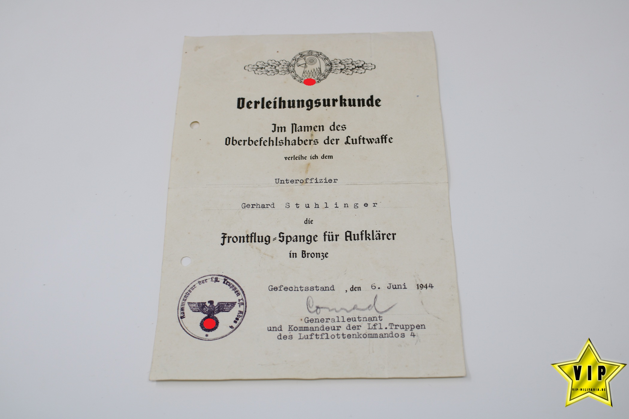 Frontflugspange Bronze für Aufklärer mit Verleihungsurkunde