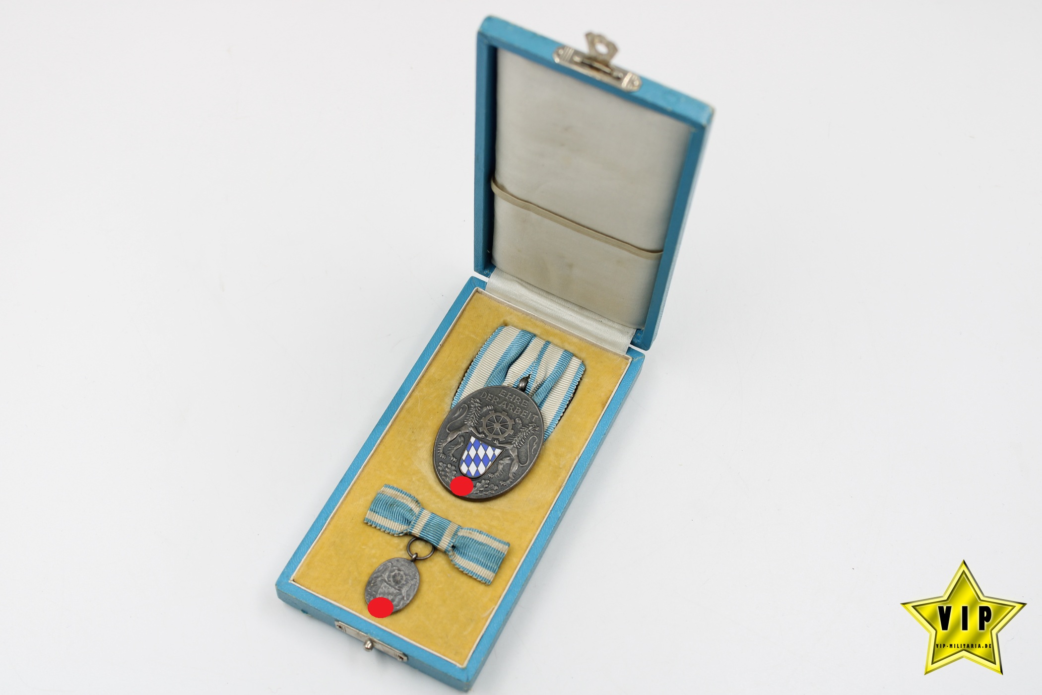 Treudienstabzeichen der Bayerischen Industrie im Etui mit Miniatur in Silber