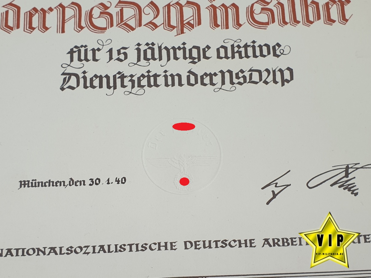 Urkunde Dienstauzeichenung in Silber 15 Jahre der NSDAP