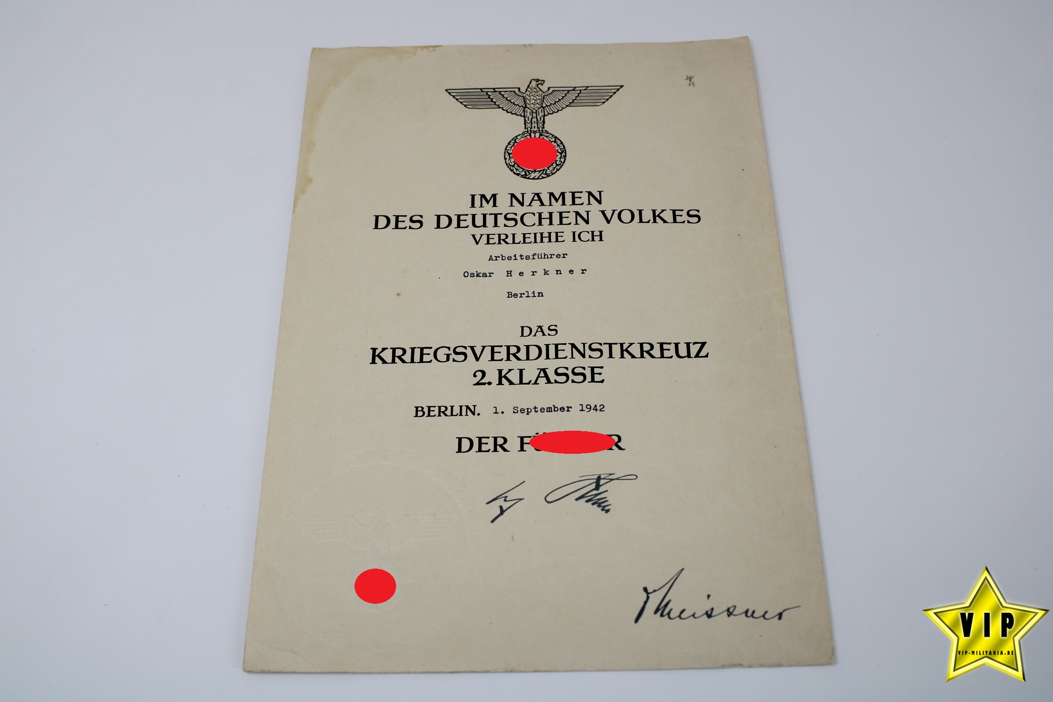 Kriegsverdienstkreuz 1939 ohne Schwerter 2. Klasse mit Verleihungsurkunde