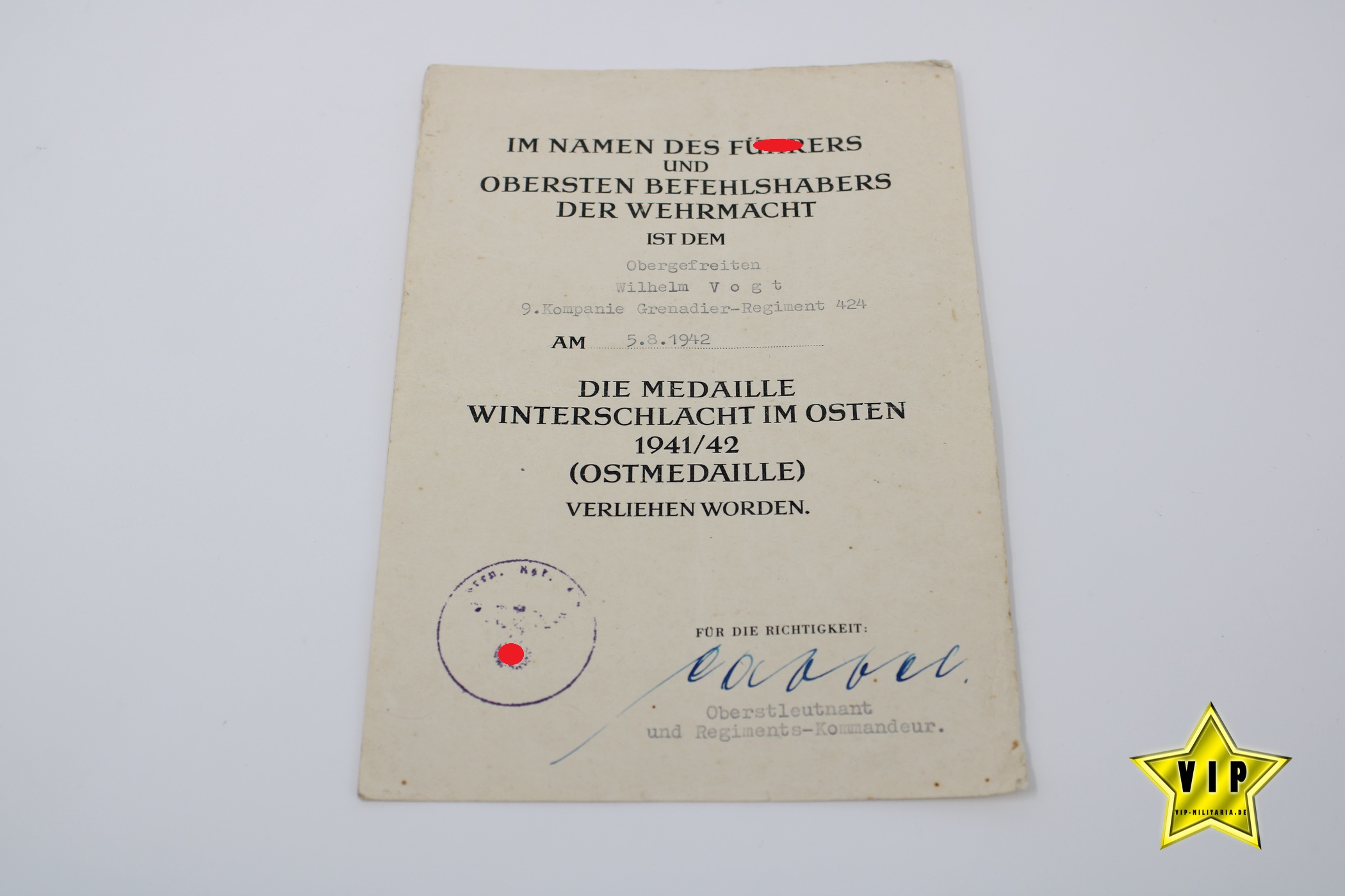 WEHRMACHT OSTMEDAILLE + URKUNDE