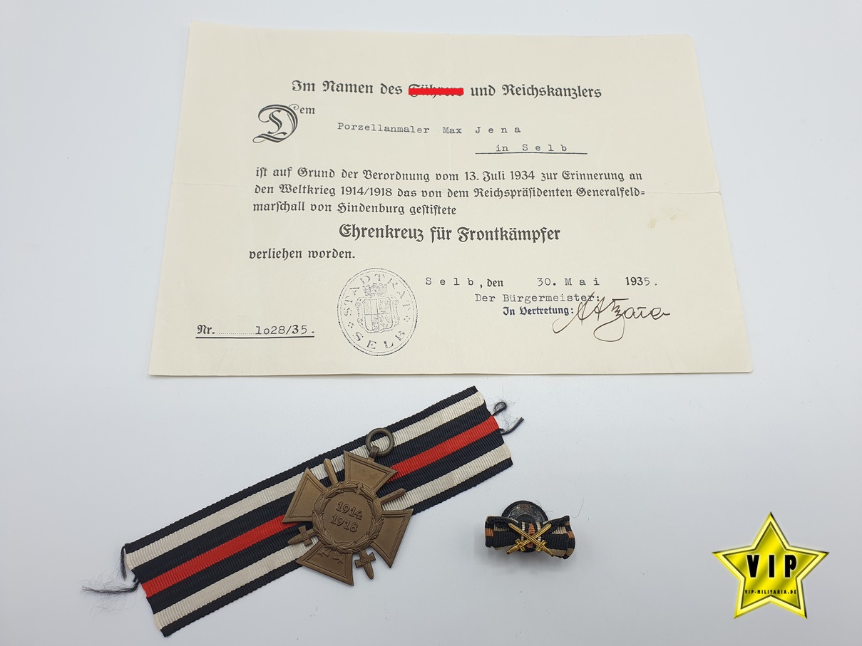 Frontkämpfer-Ehrenkreuz + Verleihungsurkunde Selb