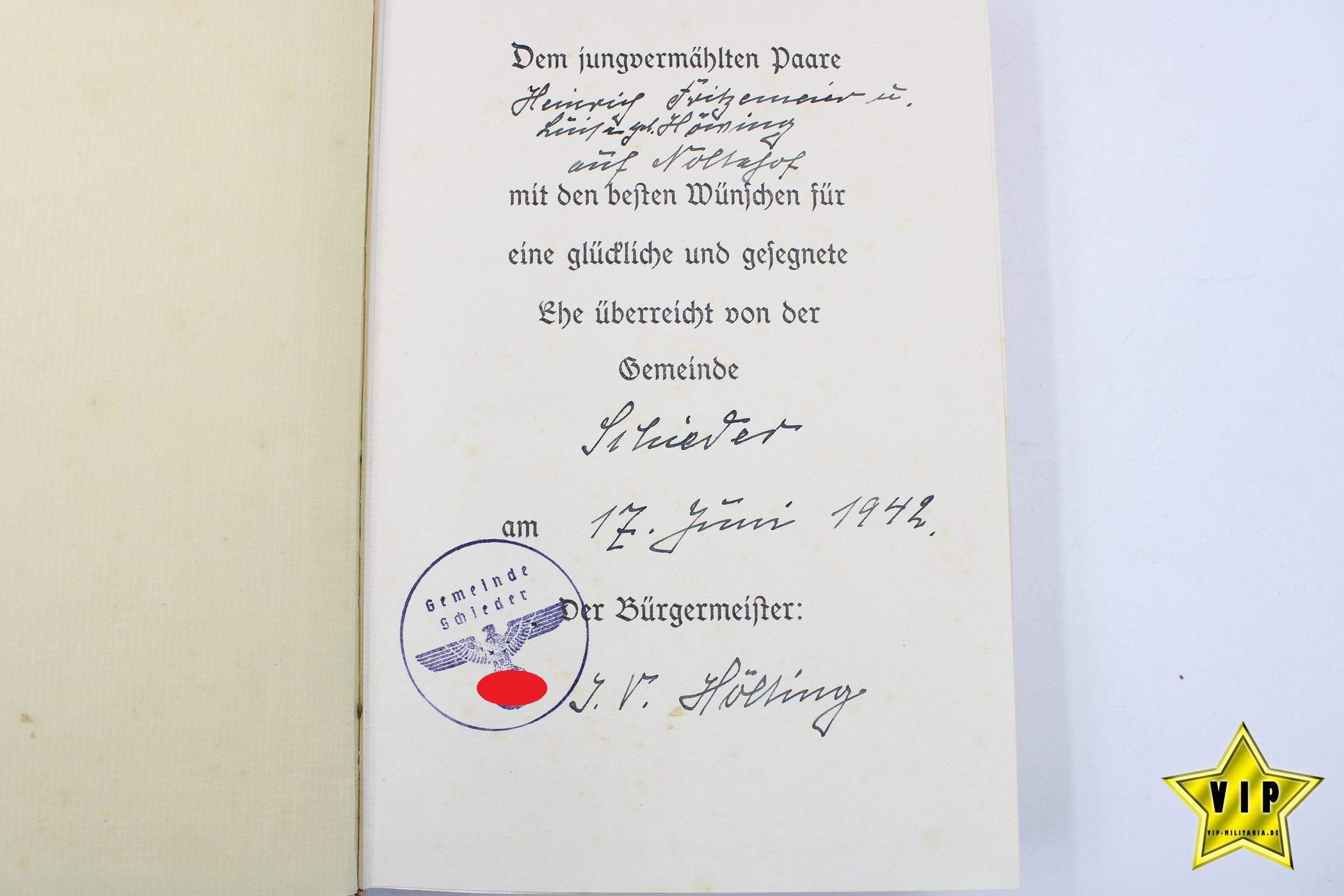 Mein Kampf 1939 Hochzeitsausgabe mit Widmung der Gemeinde Schieder