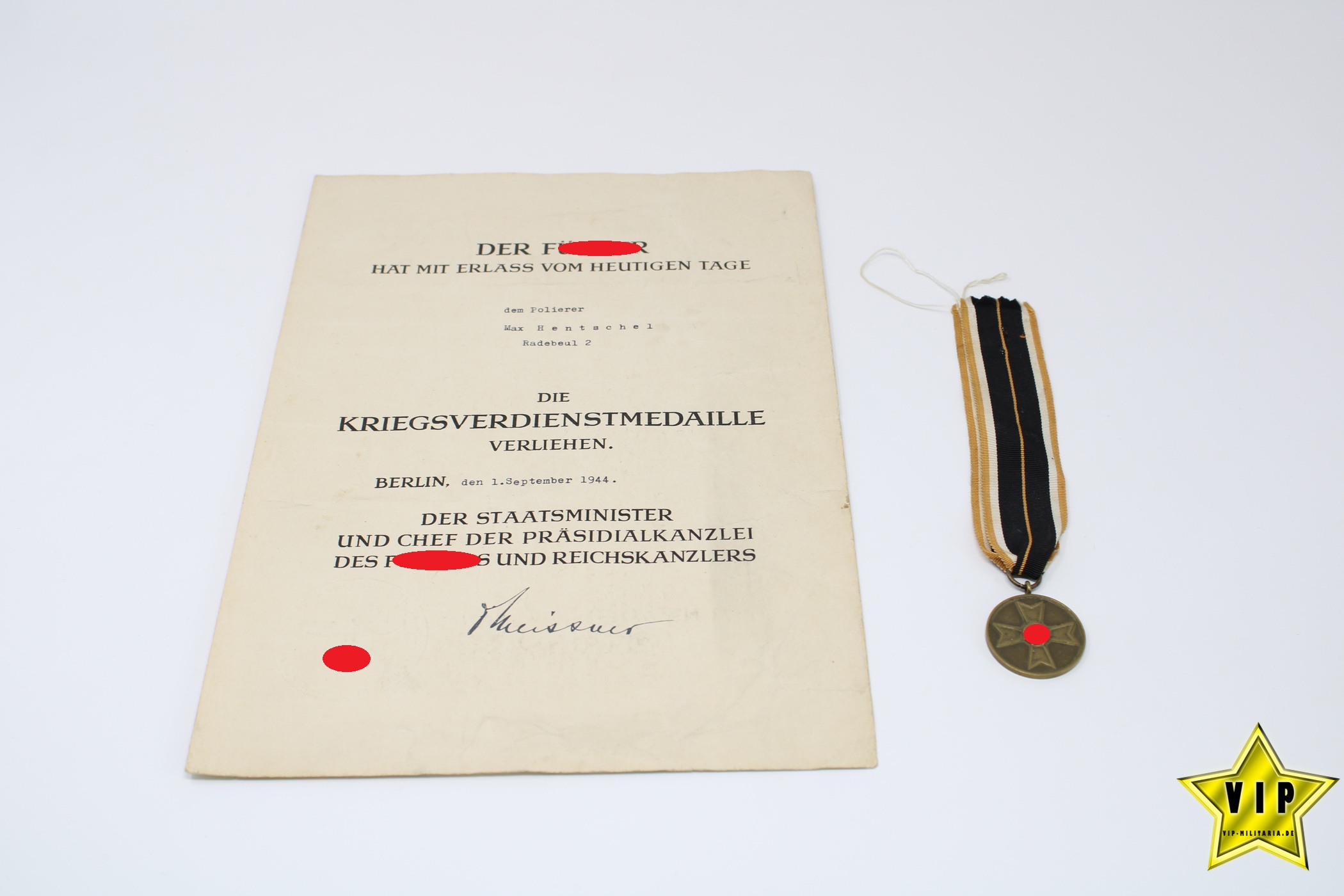 Kriegsverdienstmedaille 1939 mit Verleihungsurkunde