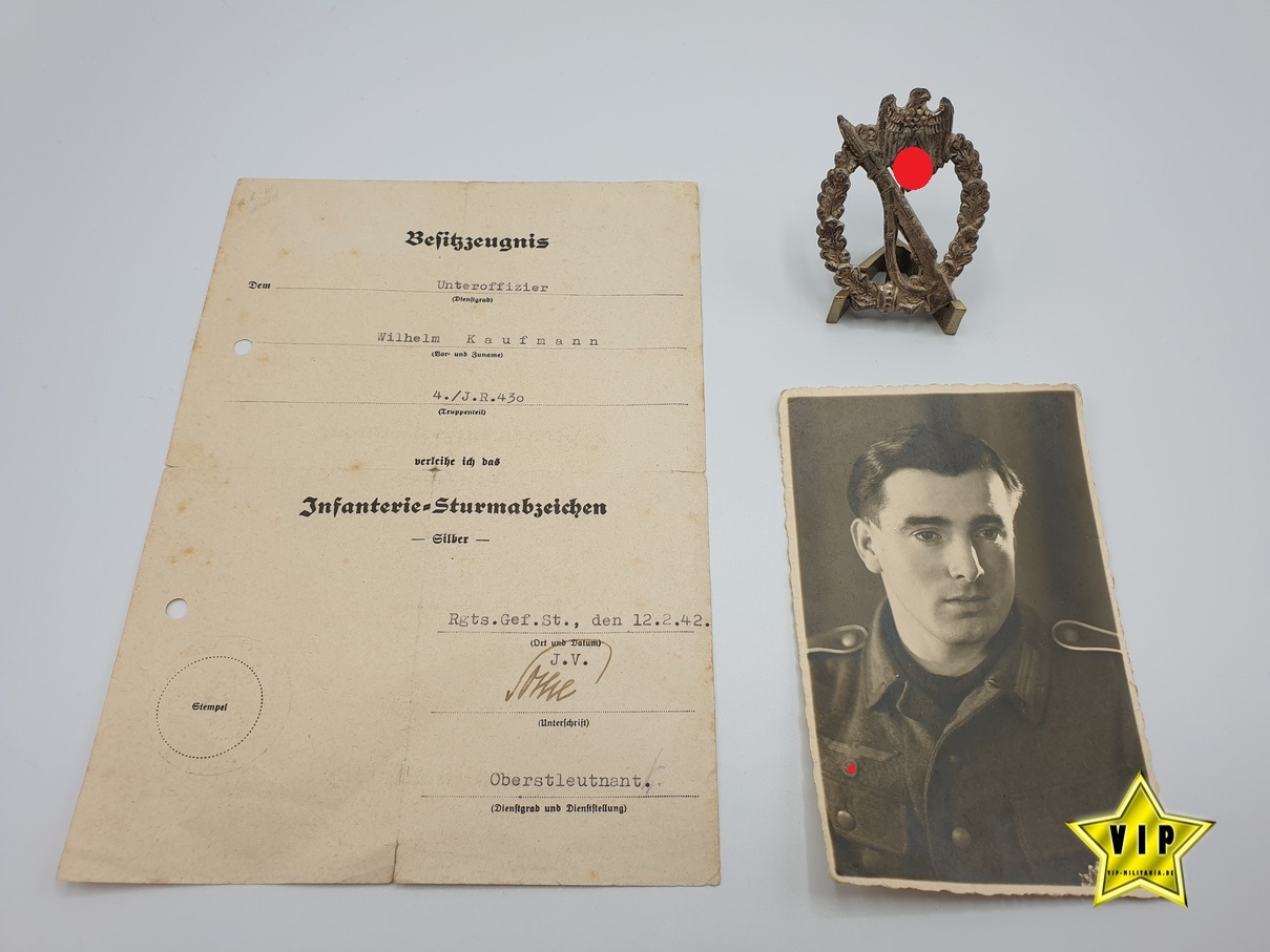 Infanteriesturmabzeichen GWL mit Verleihungsurkunde