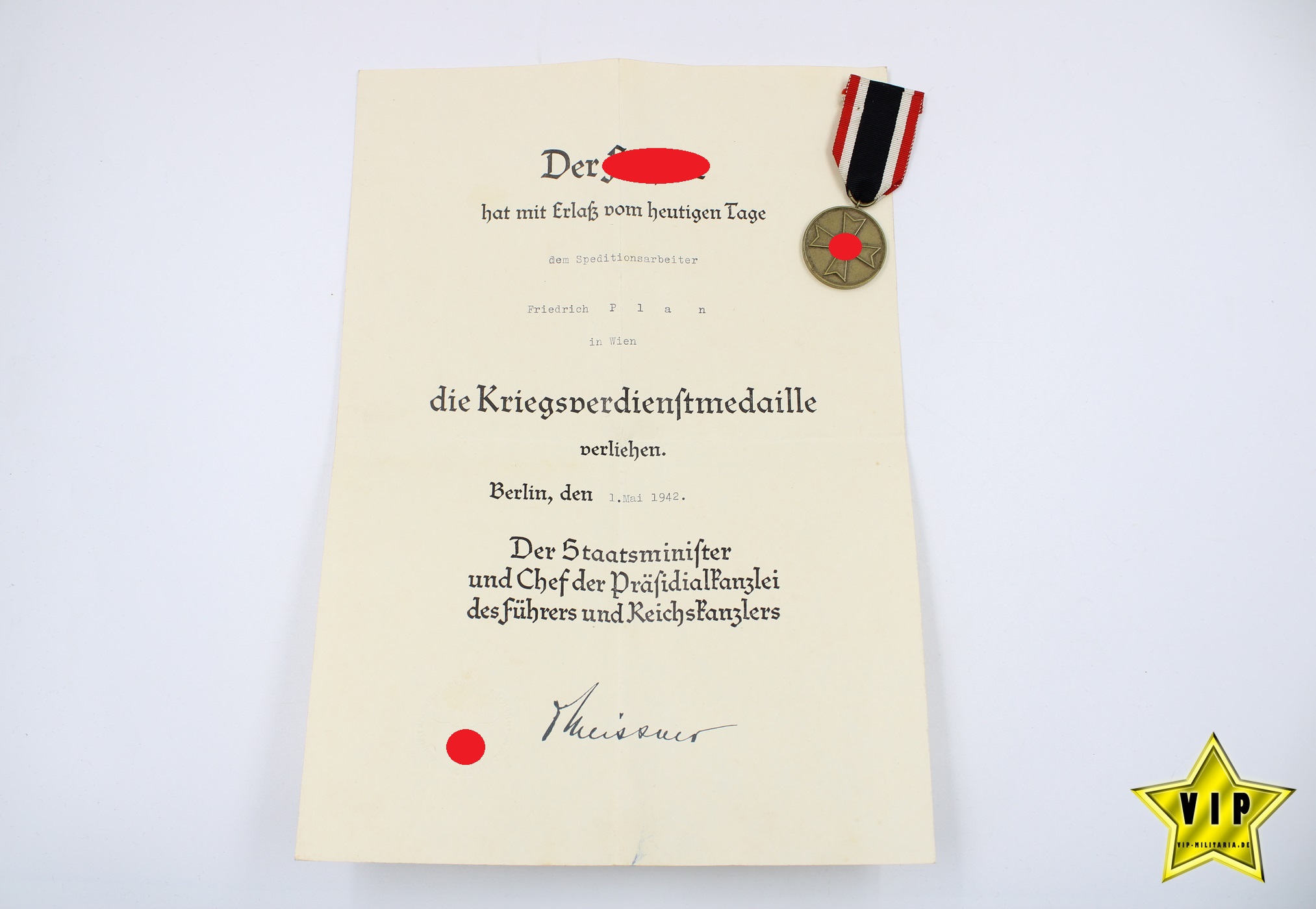 Kriegsverdienstmedaille 1939 + Verleihungsurkunde
