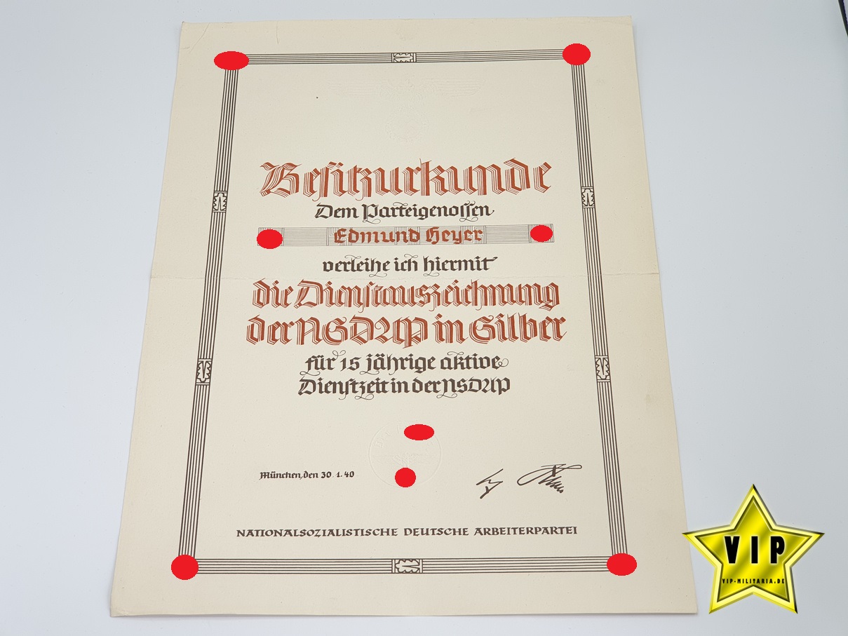 Urkunde Dienstauzeichenung in Silber 15 Jahre der NSDAP