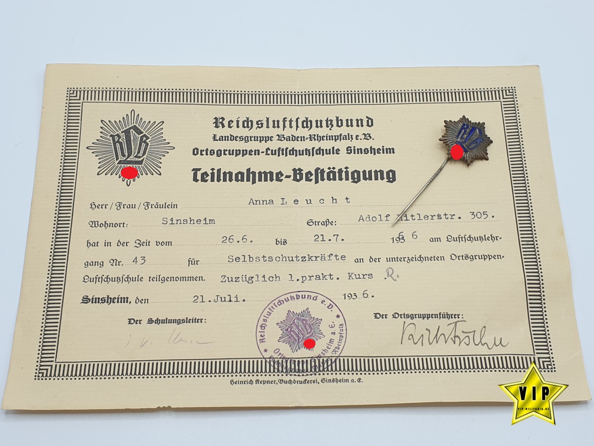 Reichsluftschutzbund Nadel + Teilnahme-Bestätigung