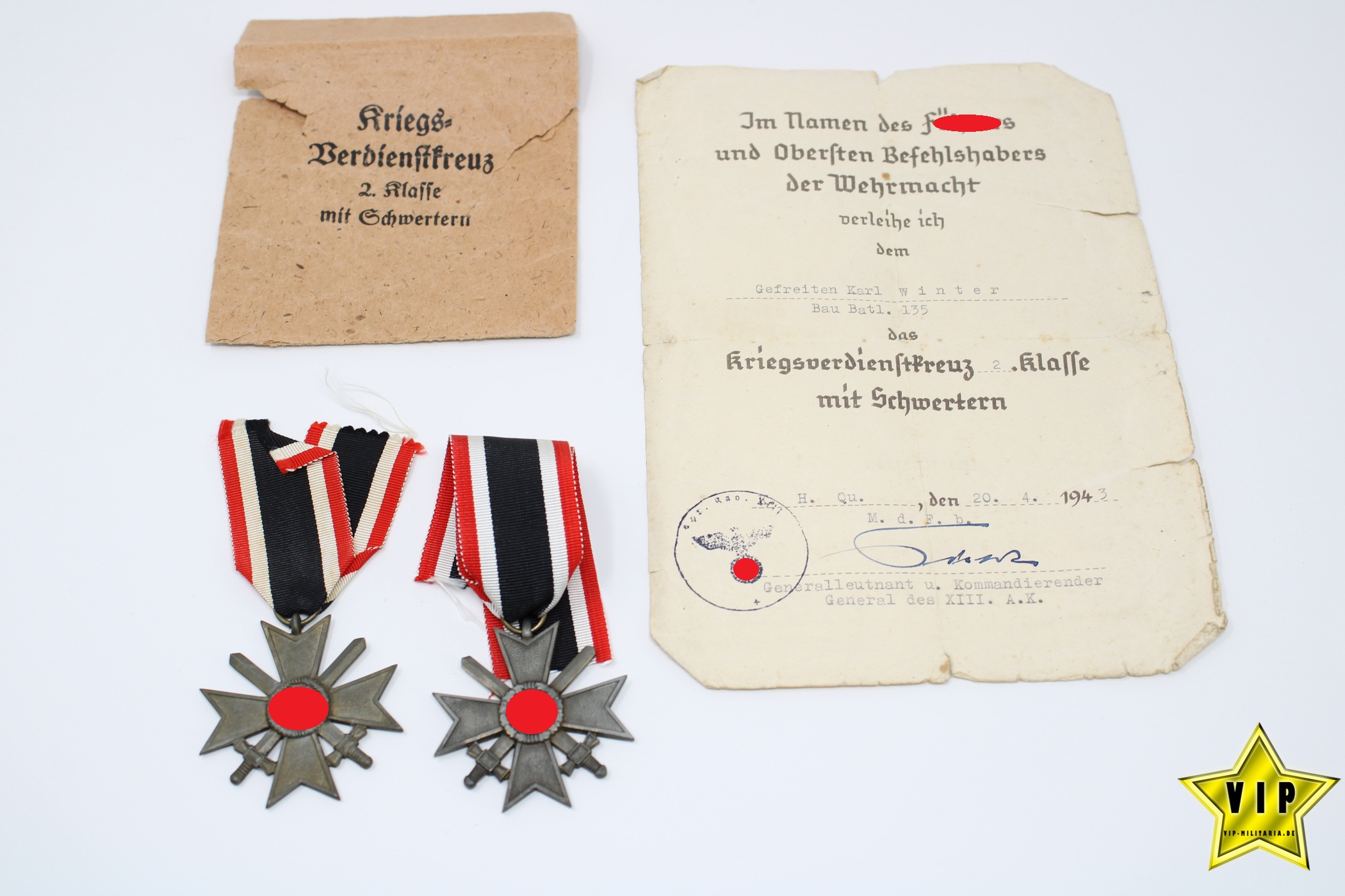 Kriegsverdienstkreuz 2. Klasse 1939 mit Schwertern in Tüte + Urkunde